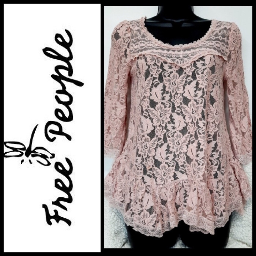 Free People Lace Blush 3/4 Sleeve Hi-Lo Hem Blouse